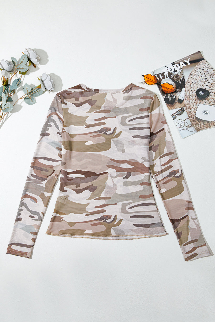Plus Size Camouflage Mesh Slim Fit Long Sleeve Top