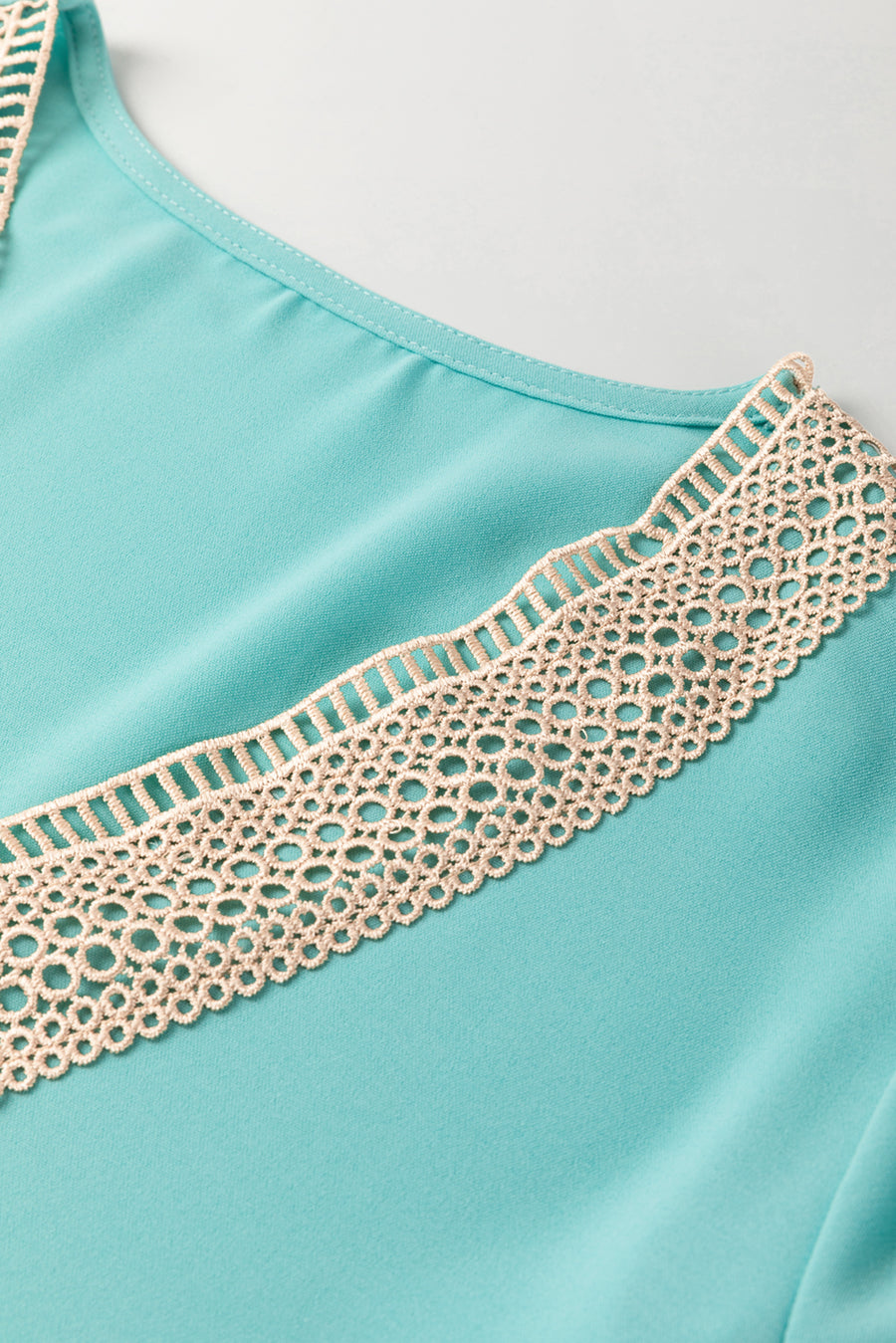 Green Lace Trim V Neck Short Sleeve Blouse