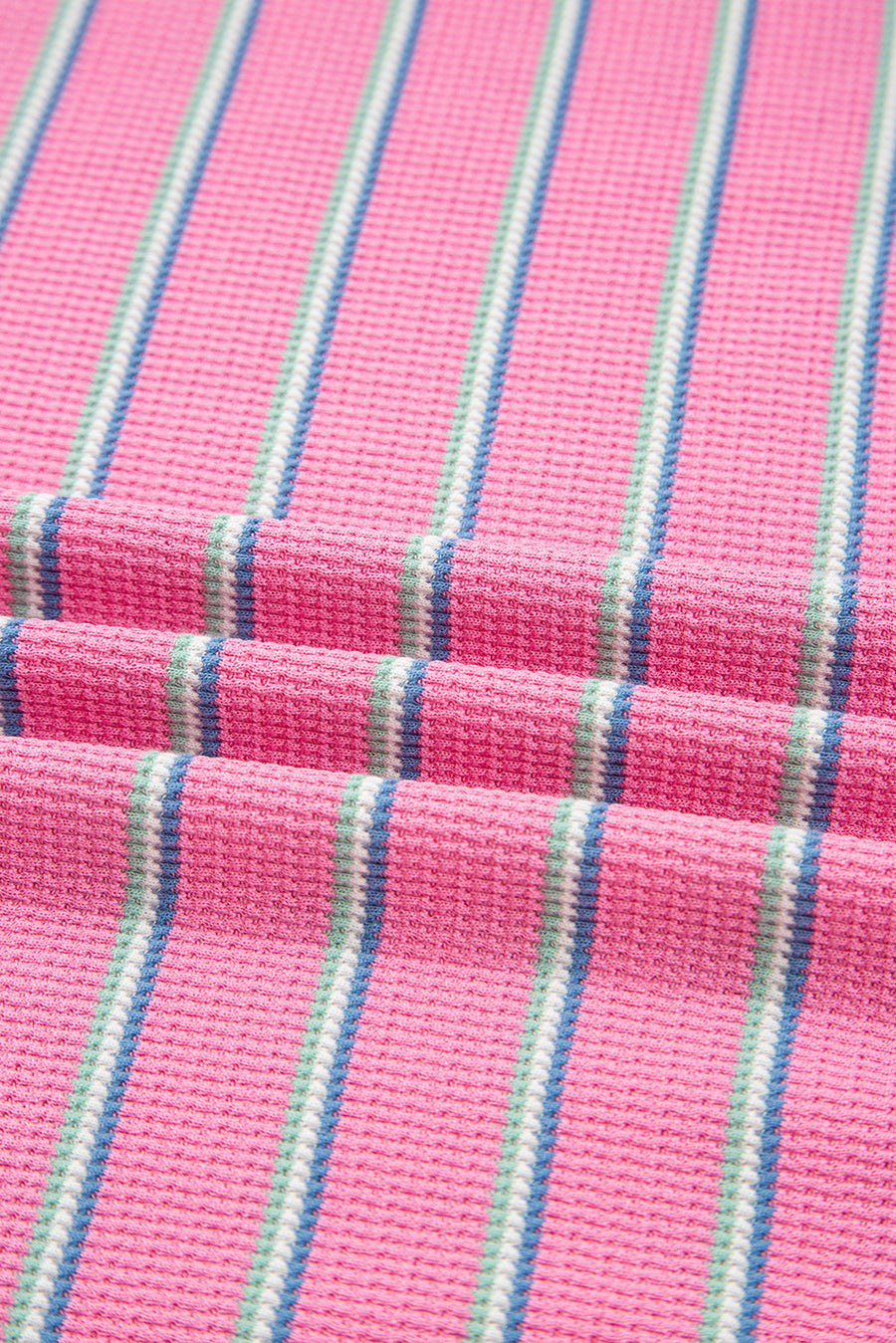 Pink Striped Textured Knit Puff Sleeve Crew Neck Top