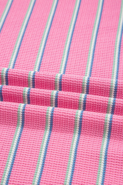 Pink Striped Textured Knit Puff Sleeve Crew Neck Top