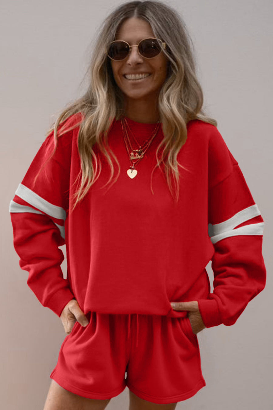 Varsity Striped Sleeve Drop Shoulder Sweatshirt and Shorts Set- 5 Colors