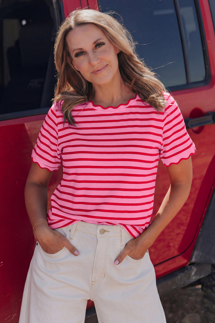 Striped Scalloped Trim Crew Neck Short Sleeve T-Shirt- 5 Colors