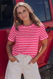 Striped Scalloped Trim Crew Neck Short Sleeve T-Shirt- 5 Colors