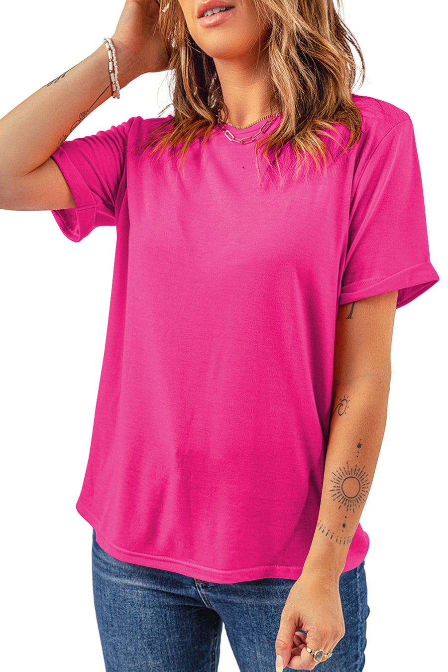 Basic Crew Neck Rolled Sleeve T-Shirt- 12 Colors
