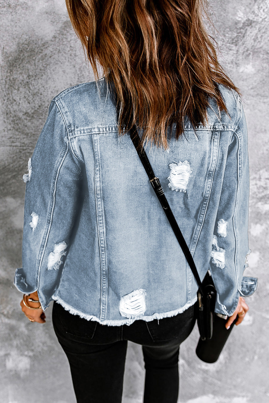Light Blue Distressed Ripped Raw Hem Denim Jacket