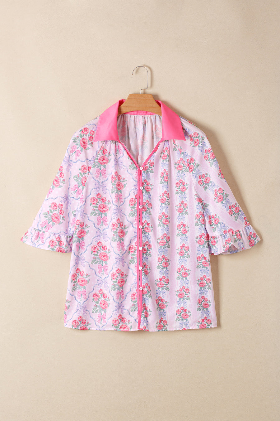 Bright Pink Bow Bouquets Collared Ruffled Short Sleeve Button-Up Blouse