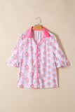 Bright Pink Bow Bouquets Collared Ruffled Short Sleeve Button-Up Blouse