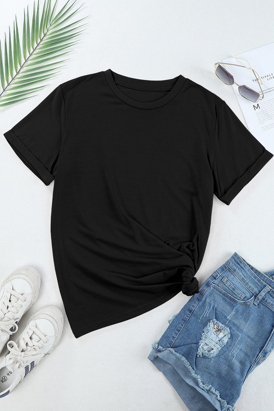 Basic Crew Neck Rolled Sleeve T-Shirt- 12 Colors