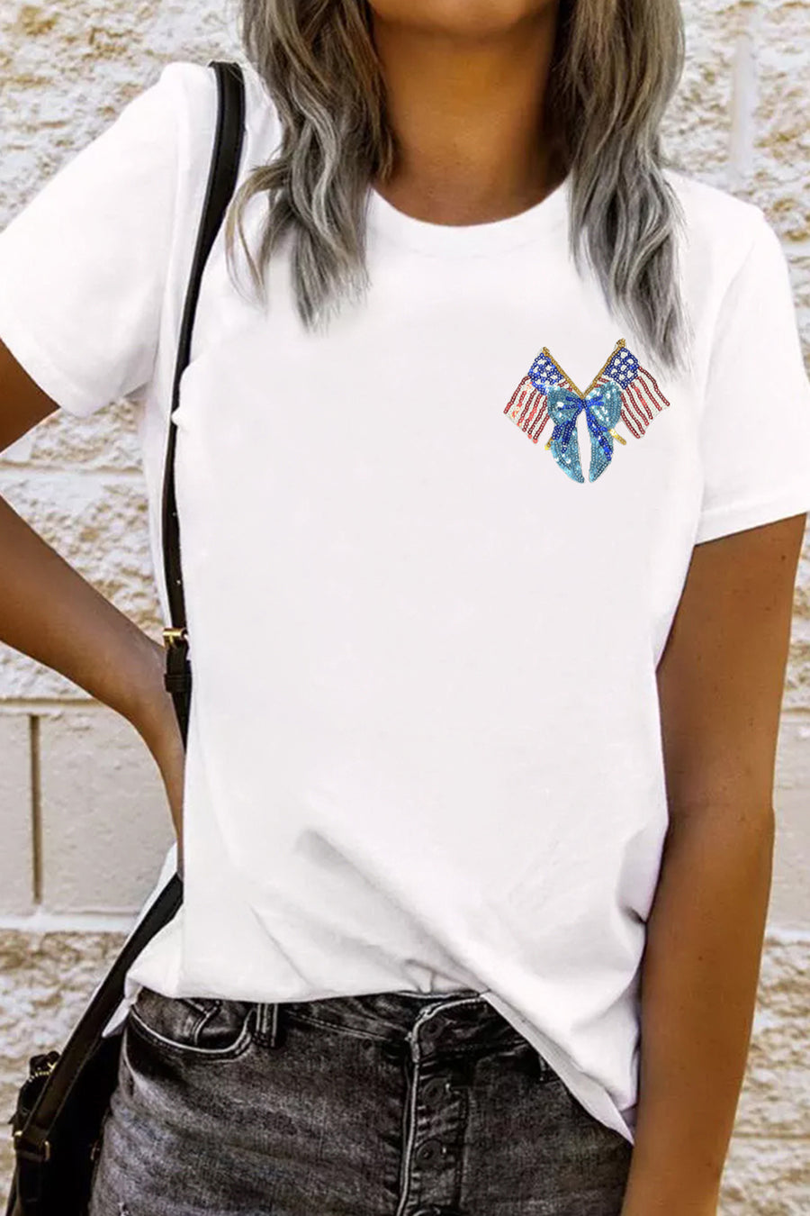White American Coquette Flag Sequin Graphic T-Shirt