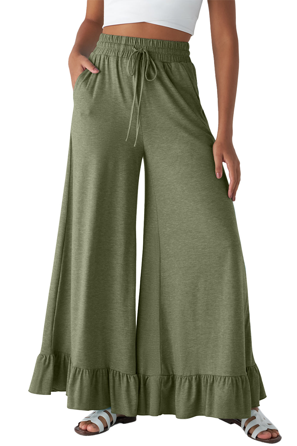 Jungle Green Solid Color Ruffle Hem Wide Leg Pants