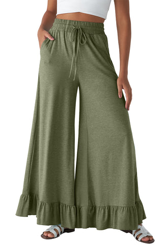 Jungle Green Solid Color Ruffle Hem Wide Leg Pants