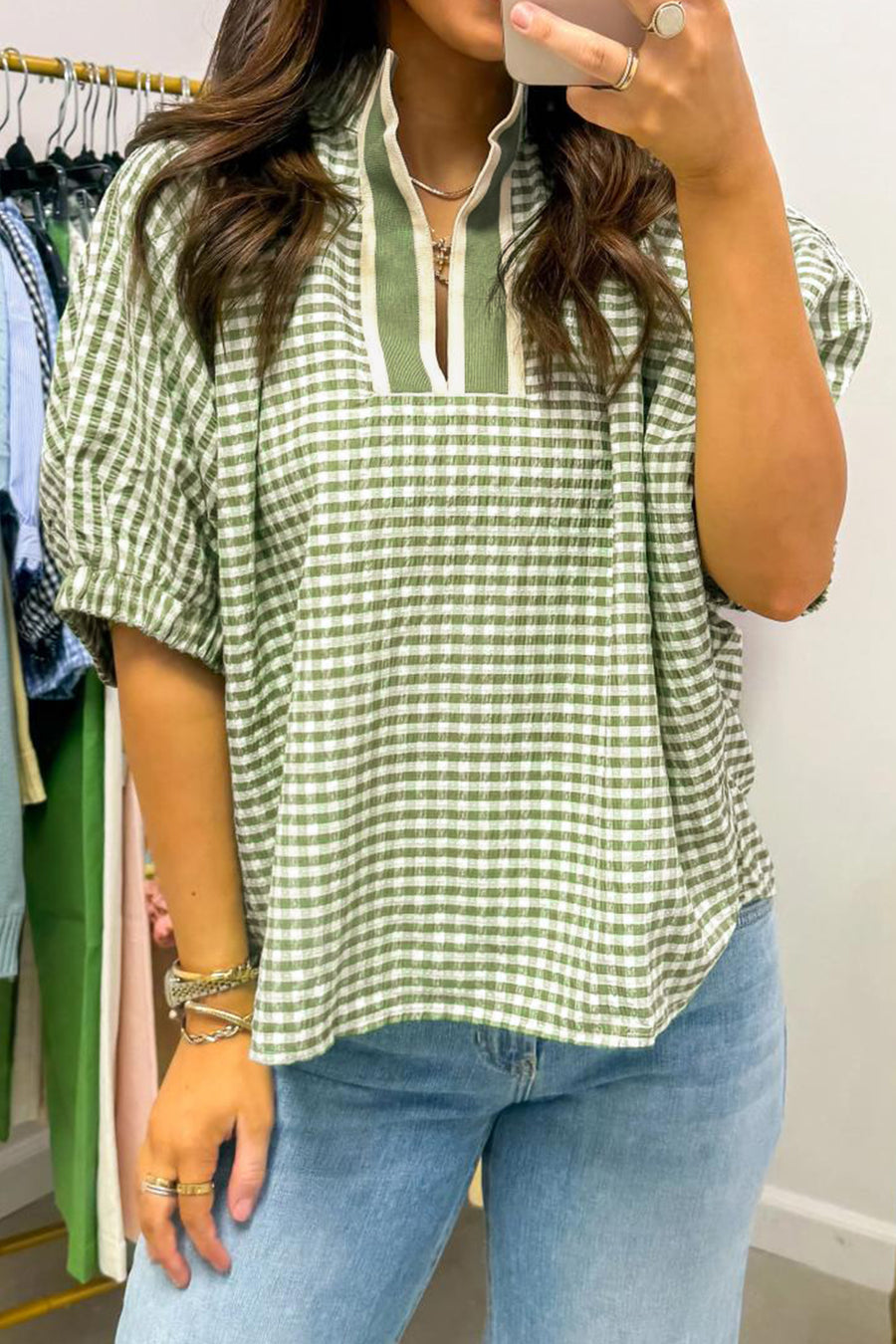 Gingham Short Sleeve Color Block Trim Split Neck Blouse- 2 Colors