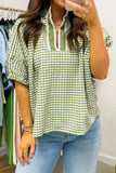 Gingham Short Sleeve Color Block Trim Split Neck Blouse- 2 Colors