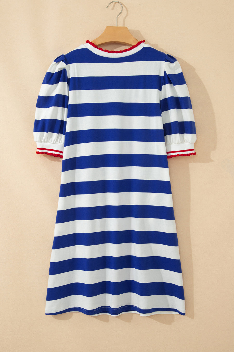 Striped Contrast Trim Crew Neck Short Puff Sleeve Shift Mini Dress- 2 Colors