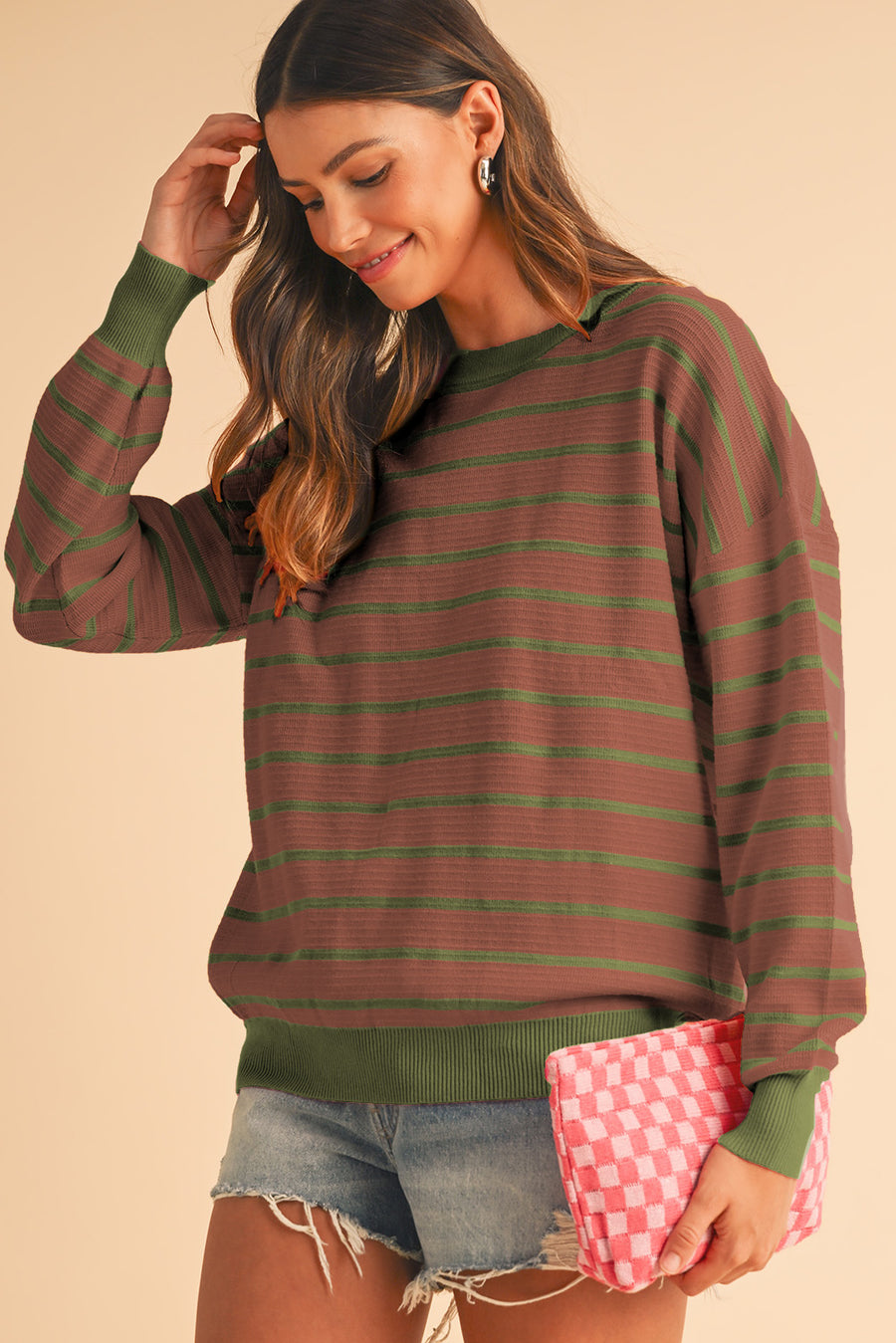 Striped Crew Neck Drop Shoulder Loose Sweater- 3 Colors