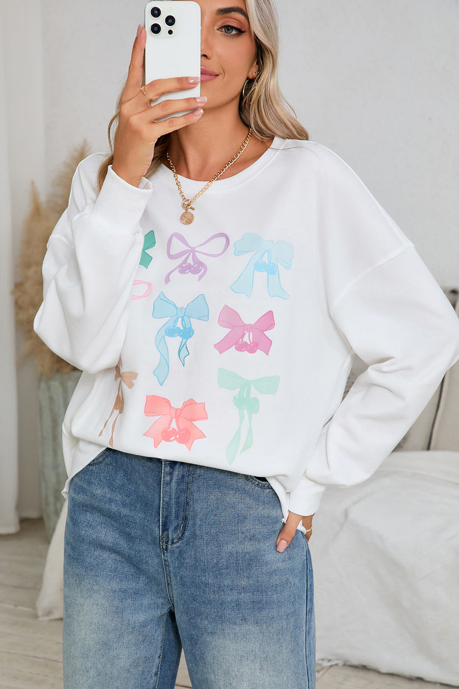 White & Pastel Bows Loose Fit Drop Sleeve Sweatshirt