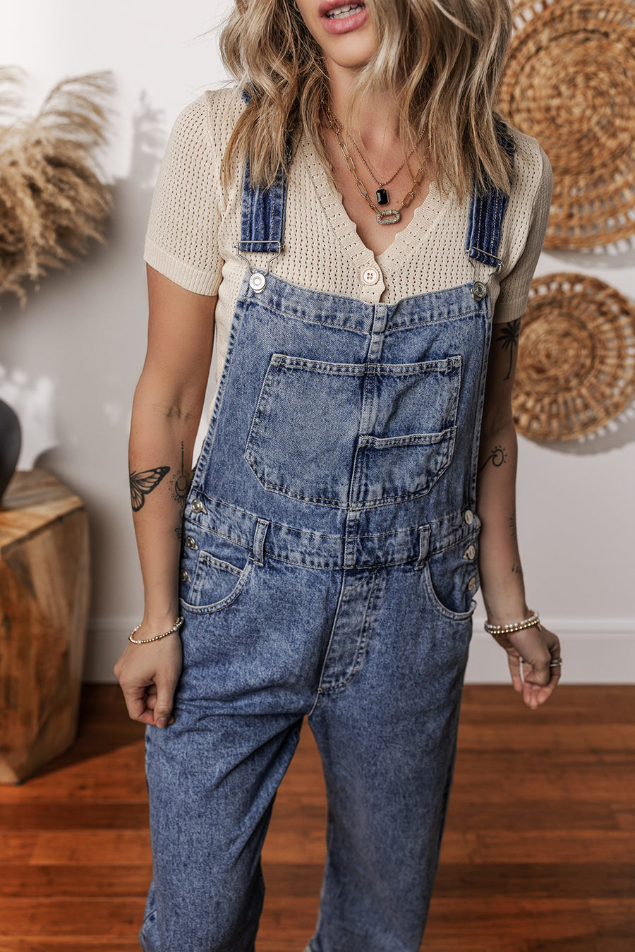 Mineral Wash Blue Straight Leg Denim Overalls