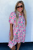 Plus Size Pink Multi Floral Button-Up Puff Sleeve A-Line Mini Dress