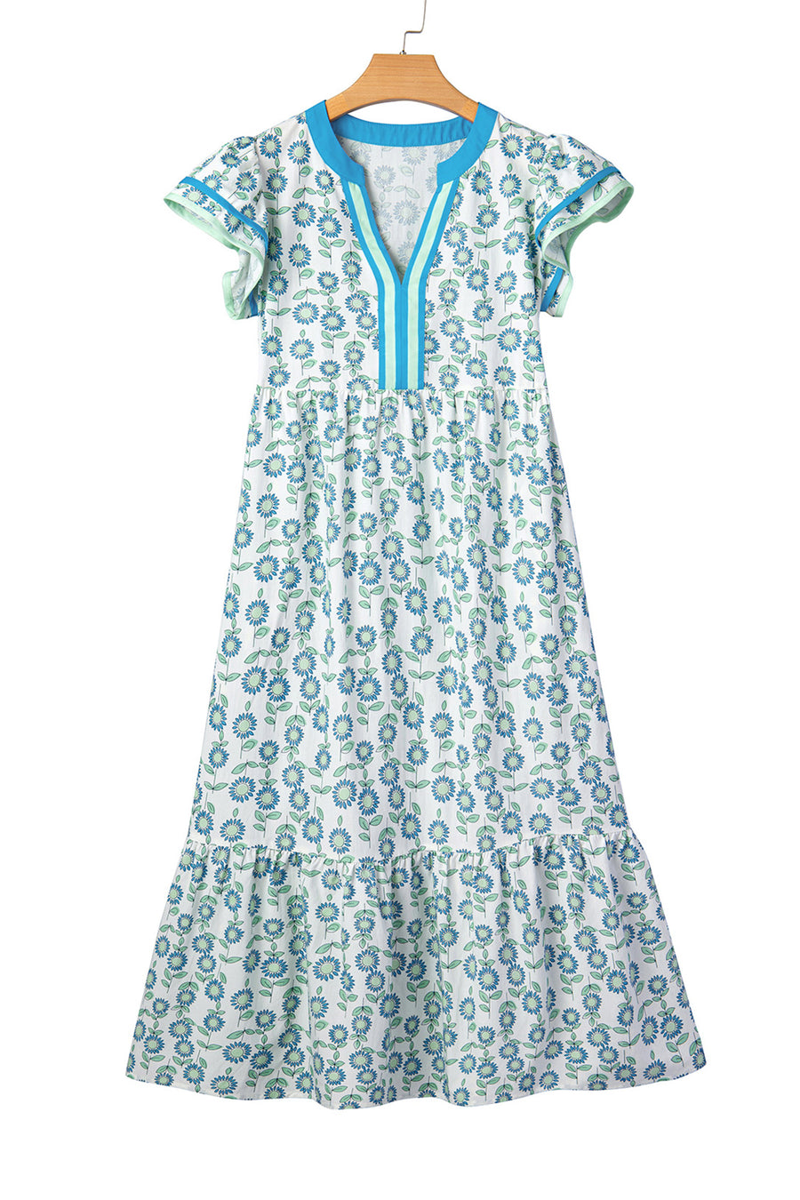 Red Cute Sunflower Printed Striped Patchwork Trim Flutter Sleeve Long Dress