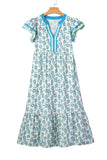 Red Cute Sunflower Printed Striped Patchwork Trim Flutter Sleeve Long Dress