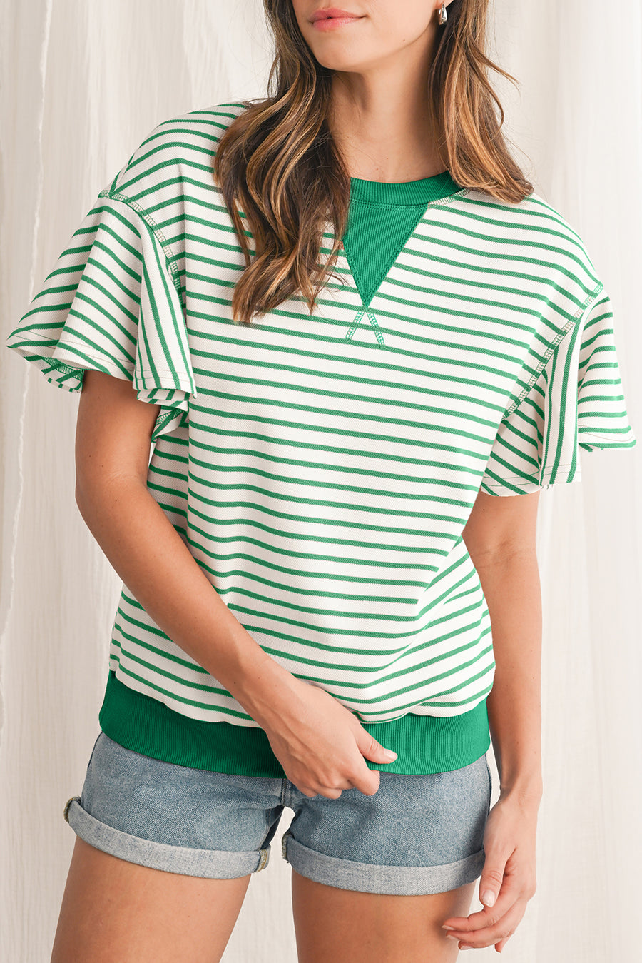 Striped Ruffle Sleeve Crew Neck T-Shirt- 3 Colors