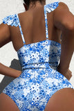 Blue Multi Floral Ruffled Strap Lace-Up Keyhole One-Piece Swimsuit B