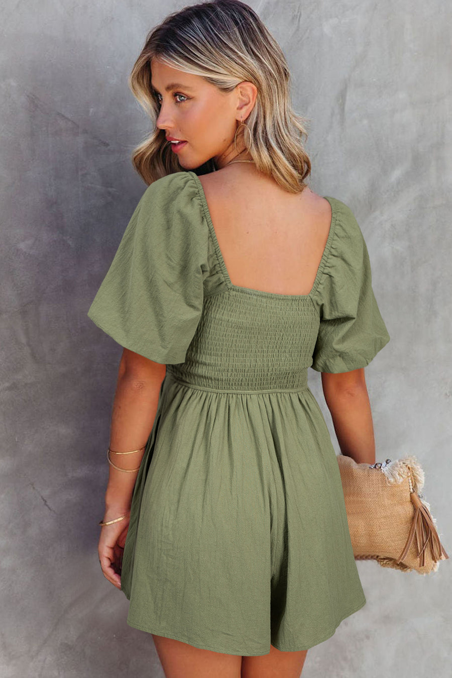 Valerian Square Neck Ruched Puff Sleeve Romper