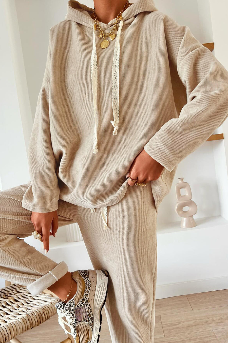 Contrast Drawstring Hoodie and High Waist Pants Corduroy Set- 5 Colors
