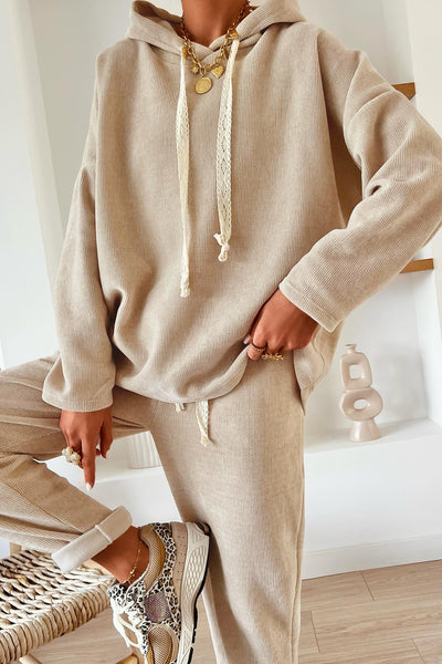Dark Khaki Drawstring Pullover Hoodie and High Waist Pants Corduroy Suit