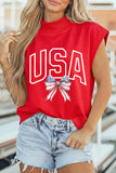 Red USA American Flag Bow Mock Neck Cap Sleeve Graphic T-Shirt