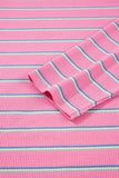 Pink Striped Textured Knit Puff Sleeve Crew Neck Top