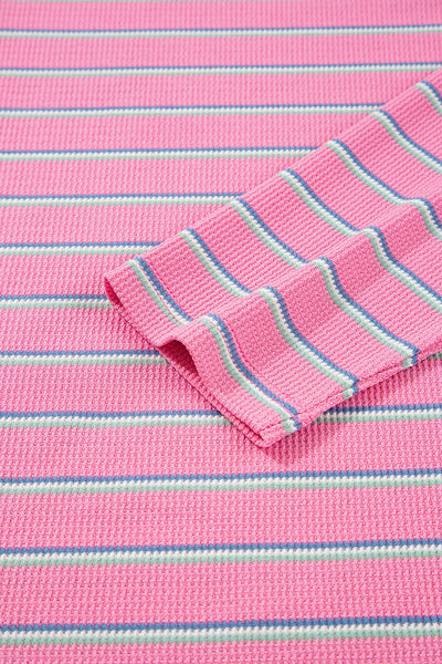 Pink Striped Textured Knit Puff Sleeve Crew Neck Top