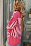 Pink Stripe Color Block Patchwork Drop Shoulder Long Sleeve High-Low Top