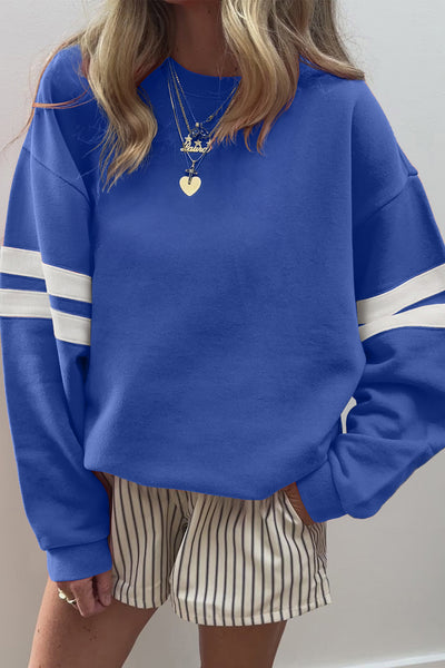 Navy Blue Preppy Striped Sleeve Loose Sweatshirt