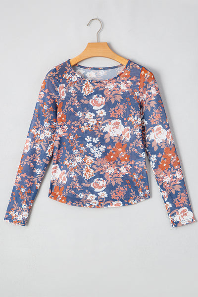 Orchid Petal Allover Floral Print Mesh Long Sleeve Top