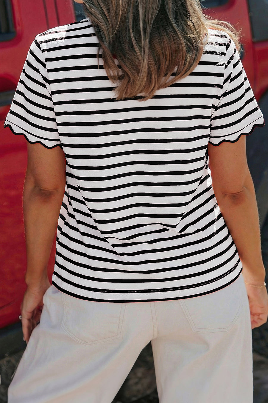 Striped Scalloped Trim Crew Neck Short Sleeve T-Shirt- 5 Colors