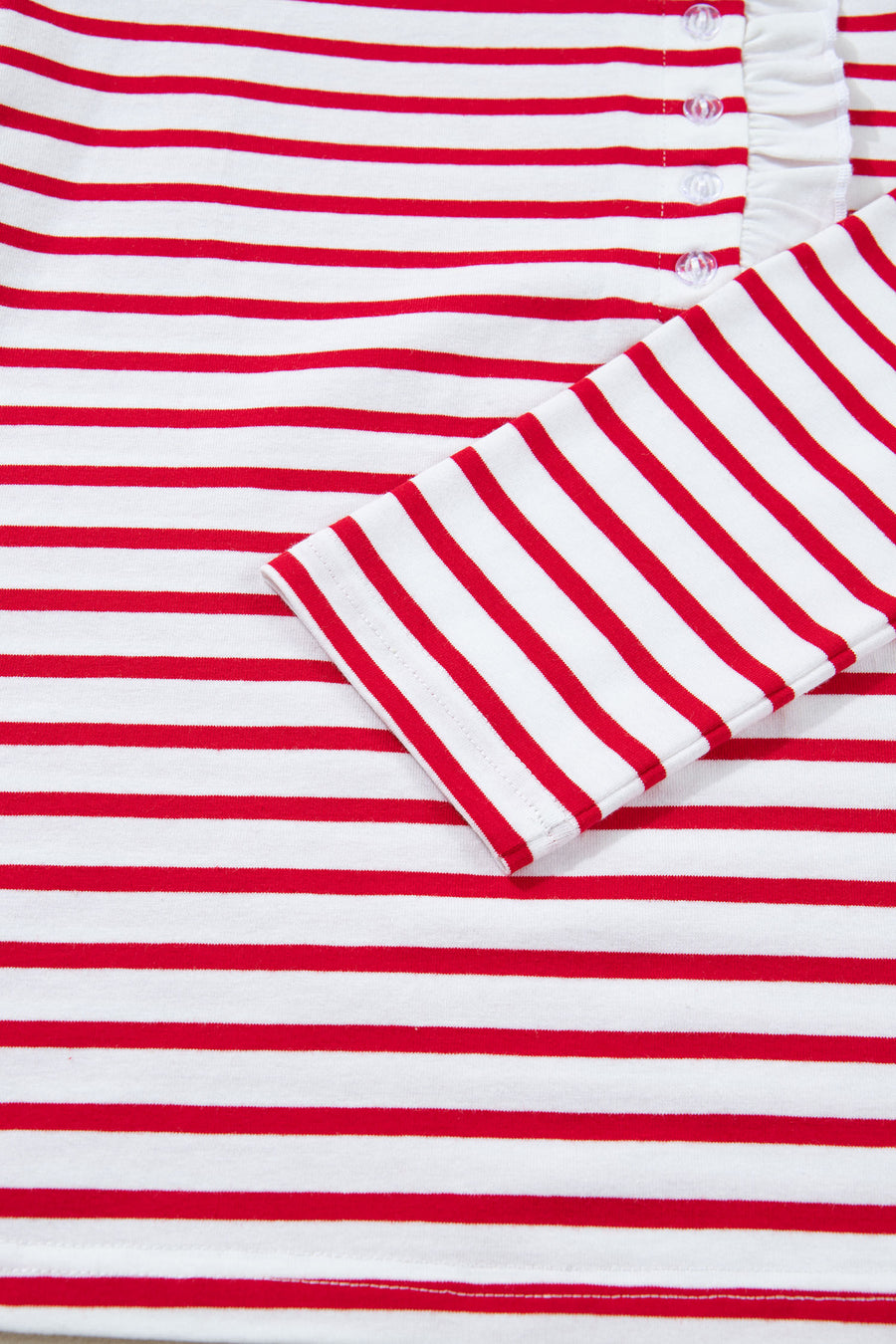 Red Stripe Contrast Frill Neck Half Button-Up Long Sleeve Top