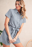 Railroad Striped Chest Pockets Button-Up Belted High-Waist Romper