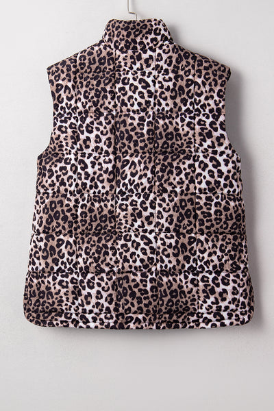 Brown Leopard Quilted Full Zipper Casual Puff Vest