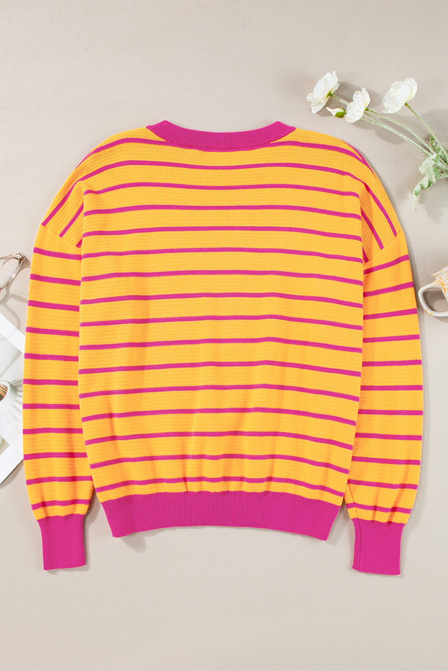 Striped Crew Neck Drop Shoulder Loose Sweater- 3 Colors