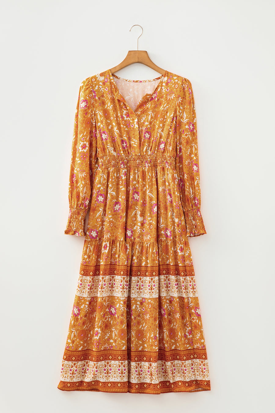 Orange Bohemian Floral Print Smocked Waist Long Sleeve Maxi Dress