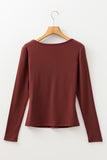 Burgundy Ruched Sweetheart Neck Ribbed Long Sleeve Top