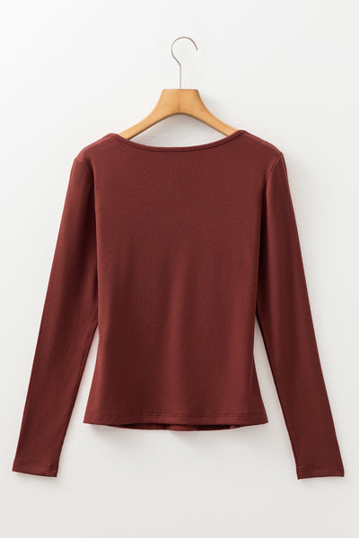 Burgundy Ruched Sweetheart Neck Ribbed Long Sleeve Top