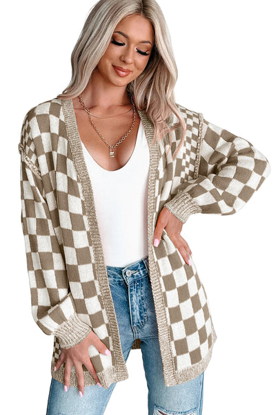 Black Checkered Open Front Drop Shoulder Cardigan