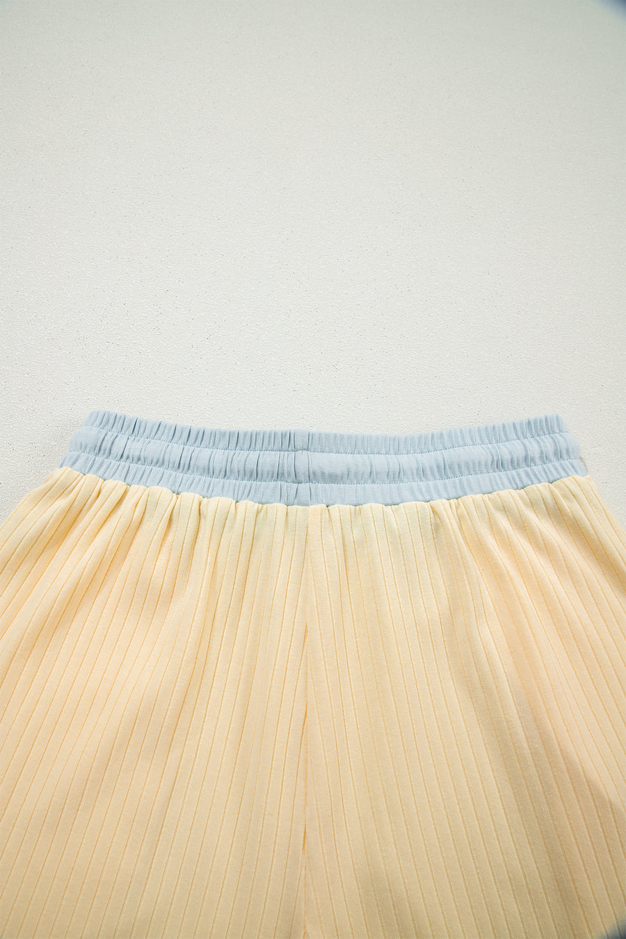 Yellow Cream Soft Ribbed Color Block Trim Casual Short Set