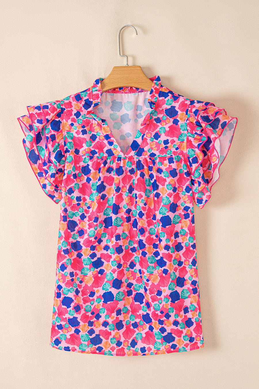 Rose Red Abstract Print Ruffle Sleeve V Neck Blouse