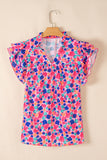 Rose Red Abstract Print Ruffle Sleeve V Neck Blouse
