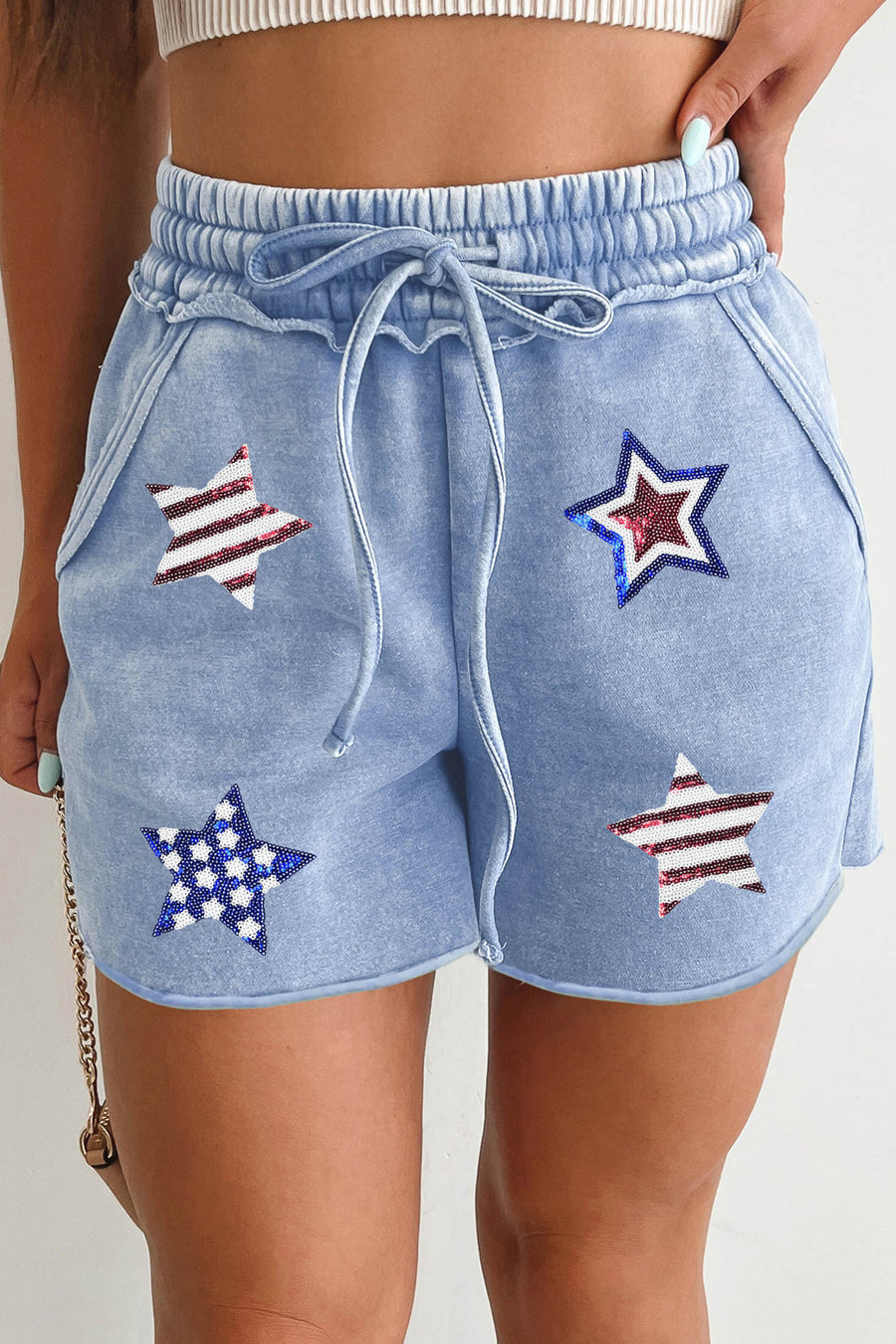 Dusty Blue American Sequin Star Exposed Seam Drawstring Cotton Shorts