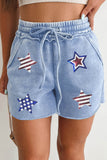 Dusty Blue American Sequin Star Exposed Seam Drawstring Cotton Shorts