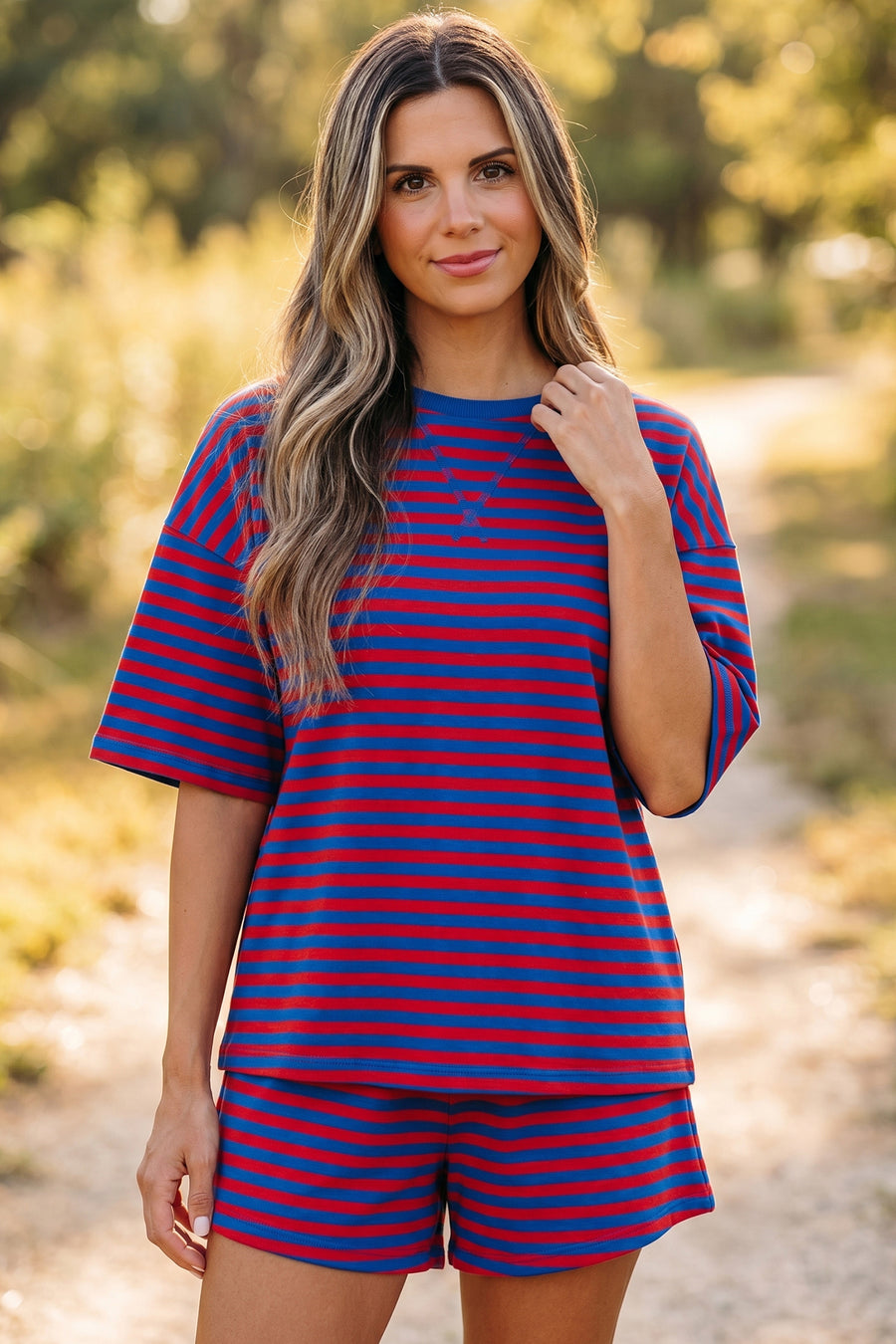 Striped Ribbed Short Sleeve T-Shirt and Shorts Set- 3 Colors